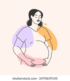 Pregnant woman expecting a baby. Happy healthy beautiful mother touching belly. Pregnancy, maternity, motherhood concept. Prenatal care and health. Isolated hand drawn flat vector illustration