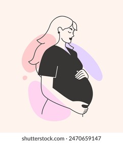 Pregnant woman expecting a baby. Pregnancy, maternity, motherhood concept. Prenatal care and health. Profile of a healthy beautiful mother touching belly. Isolated hand drawn flat vector illustration