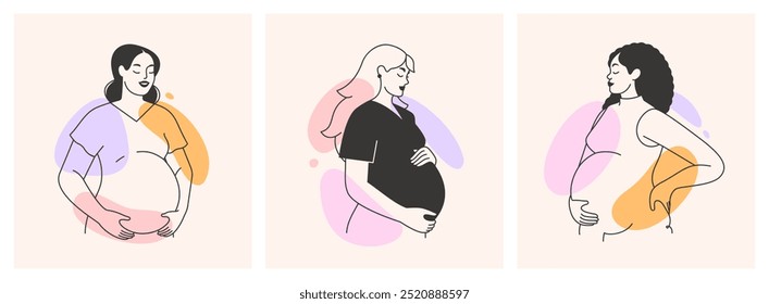 Schwangere erwartet ein Baby. Schwangerschaft, Mutterschaft, Mutterschaftskonzept. Pränatale Pflege und Gesundheit. Illustrationen. Glückliche gesunde Mutter, die den Bauch berührt. Einzeln handgezeichneter flacher Vektor