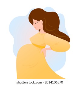 Pregnant woman is expecting a baby. Vector illustration. The expectant mother is standing sideways in a yellow dress. Pregnancy, fat belly. Motherhood. Plants, leaves.