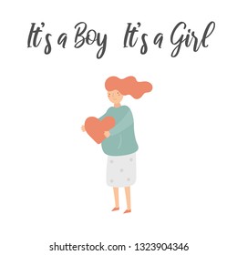 Pregnant woman expecting boy, girl, twins. Young lady holding heart. It's a boy, It's a girl illustration for mother