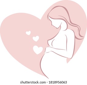 Pregnant woman. Expecting a child with love. Sketch, silhouette outline drawing logo of future mother-to-be in a heart shape. Vector illustration character in a flat style, isolated on white  