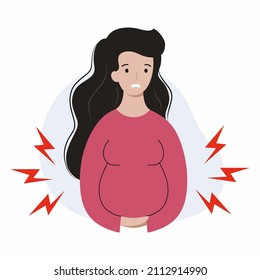 Pregnant woman experiences abdominal discomfort. Problems with pregnancy. Threat of miscarriage. Gestation period. Birth pains.