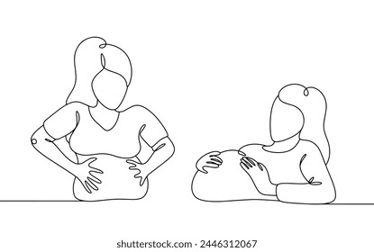 A pregnant woman experiences abdominal pain. The expectant mother is holding her stomach. Vector.