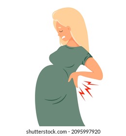 Pregnant woman experiencing back pain. Backache during pregnancy. Concept lower back pain. Vector cartoon illustration in flat style.