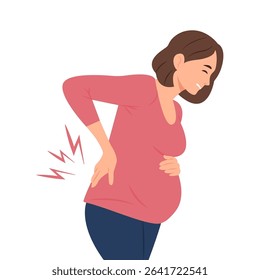 Pregnant woman experiencing back pain.Spinal discomfort.Pregnant woman suffering from lower back pain. Pregnancy symptoms, motherhood, Health problem concept.Vector Illustration