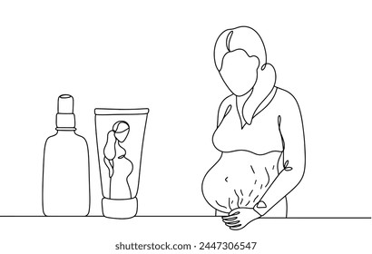 A pregnant woman is faced with the problem of skin stretch marks on her abdomen. Using special creams and oils to prevent the appearance of stretch marks. Vector.