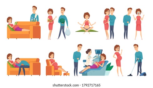 Pregnant woman. Family couple waiting baby. Husband wife daily activities vector illustration