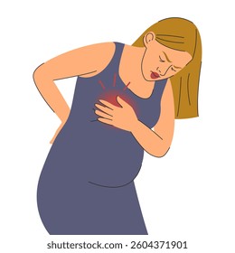 Pregnant woman feel pain in chest vector isolated. Health problems during pregnancy. Woman touching chest, feeling pain inside.