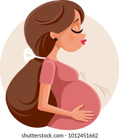 Pregnant Woman Feeling Baby Kick Vector Illustration. Expecting protective young girl holding her baby bump 
