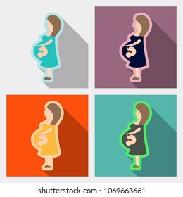 Pregnant Woman Feeling Baby Kick Vector Illustration. Expecting protective young girl holding her baby bump