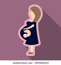 Pregnant Woman Feeling Baby Kick Vector Illustration. Expecting protective young girl holding her baby bump