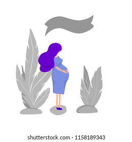 Pregnant Woman Feeling Baby Kick Vector Illustration. Expecting protective young girl holding her baby bump 