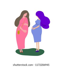 Pregnant Woman Feeling Baby Kick Vector Illustration. Expecting protective young girl holding her baby bump 