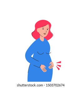 Pregnant woman feeling baby kick. Girl expecting a baby holds on to big belly. Flat vector character illustration.