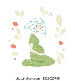 Pregnant Woman Feeling Baby Kick Vector Illustration. Expecting protective young girl holding her baby bump 