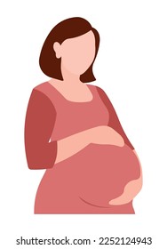 Pregnant Woman Feeling Baby Kick Vector Illustration. Expecting protective young girl holding her baby bump