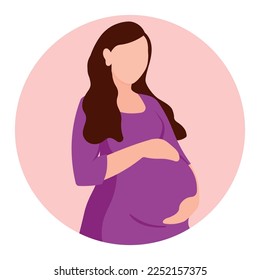 Pregnant Woman Feeling Baby Kick Vector Illustration. Expecting protective young girl holding her baby bump with round background