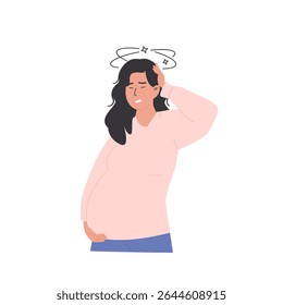 Mulher grávida sentindo tonturas e mal-estar, tocando a cabeça com náuseas e sintomas de vertigem. Desconforto na gravidez, fadiga e alterações hormonais. Ilustração de vetor de estilo plano isolada no plano de fundo branco.