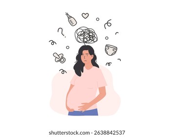 Pregnant woman feeling overwhelmed by baby registry, due date planning, and emotional mental load. Prenatal anxiety and preparation stress. Baby registry shopping list. Flat Style Vector Illustration.
