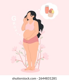 A mulher grávida sente fome e o estômago ronca.