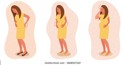 Pregnant woman feels strong pain in her back, head, belly. She holds back with one hand and the belly with the other hand. Depressed, bad feeling. Pregnancy diseases. Vector illustration