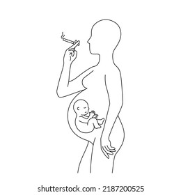 Pregnant Woman With Fetus Baby Inside Belly, Smoking Cigarette Outline Style Vector Illustration