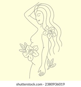 pregnant woman figure profile flowers linear illustration vector