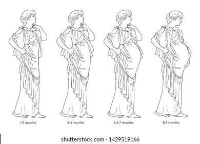 Pregnant woman from first to ninth month in a tunic is standing. Vector image isolated on white background.