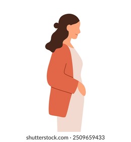 Mujer embarazada. Embarazo del primer trimestre con vientre Pequeño, abdomen. Futura mamá, madre esperando un bebé. Mujer que da a luz, en edad fértil. Ilustración vectorial plana aislada sobre fondo blanco