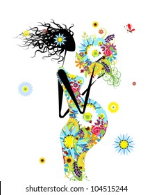 Pregnant woman with floral bouquet for your design