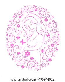  Pregnant woman with flower  in her arms inside round frame with hearts, butterfly and whorls.Vector illustration..Easy to change color.Isolated on white background.