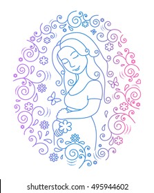 Pregnant woman with flower  in her arms inside round frame with hearts, butterfly and whorls.Vector illustration..Easy to change color.Isolated on white background.