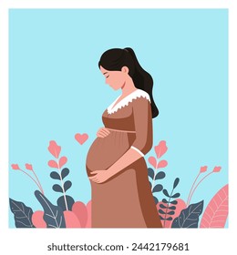 a pregnant woman with a flower on pink background, Happy pregnant woman holds her belly, concept of mom or mother, newborn,baby,maternity