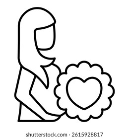 Pregnant woman and flower thin line icon, mother day concept. Vector graphics. Woman with heart sticker, likeness sign on white background, linear style for mobile or design