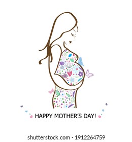 Pregnant woman with flowers and butterflies. Happy Mother's Day greeting card illustration