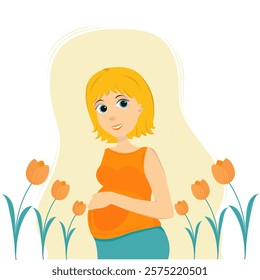 Pregnant woman with flowers, pregnant woman smiling, woman with tulips, orange tulips, spring, motherhood, mother's day, women's day