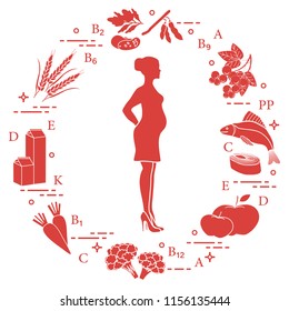 Pregnant woman and foods rich in vitamins useful for pregnant women. Fish, apples, cauliflower, carrots, dairy products, black currants, soybeans, wheat, beans, spinach.