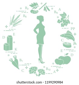Pregnant woman and foods rich in vitamins useful for pregnant women. Fish, apples, cauliflower, carrots, dairy products, black currants, soybeans, wheat, beans, spinach.