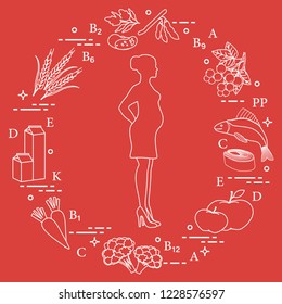 Pregnant woman and foods rich in vitamins useful for pregnant women. Fish, apples, cauliflower, carrots, dairy products, black currants, soybeans, wheat, beans, spinach.