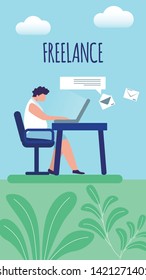 Pregnant Woman Freelancer Sitting at Desk Outdoors at Summer Time Working Distant on Laptop. Freelance Creativity Process, Remote Home Workplace. Cartoon Flat Vector Illustration, Vertical Banner.