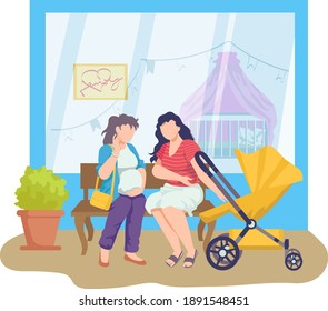 Pregnant Woman Friend Dialogue With Young Mother, Female Sitting Bench Hold Baby Carriage Cartoon Vector Illustration, Isolated On White. Location Baby Cot Store, Window Shop Background.