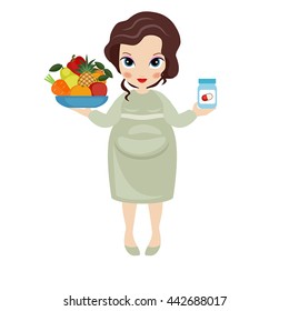 Pregnant woman with a fruit plate in one hand and vitamins bottle in another. Healthy lifestyle.