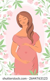 Mulher grávida, futura mãe. Banner sobre gravidez, amamentação e maternidade. Ilustração vetorial.