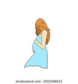 Pregnant woman, future mom. In blue dress. Flat vector illustration. Isolated