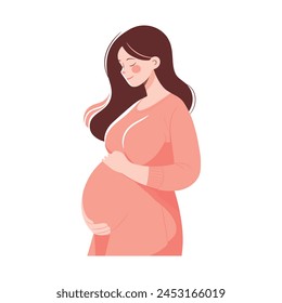 Mujer embarazada, futura mamá, ilustración de concepto en lindo estilo de dibujos animados. Salud, embarazo. Ilustración vectorial plana aislada en blanco.