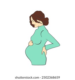 Pregnant woman, future mom. In green dress. Flat vector illustration. Isolated