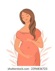 Pregnant woman, future mom, hugging belly with arms. Vector illustration.