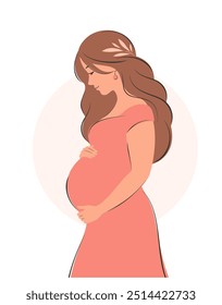 Pregnant woman, future mom hugging belly with arms. Vector illustration.