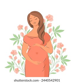 Pregnant woman, future mom. Mother's Day card decorated with flowers. Vector illustration.